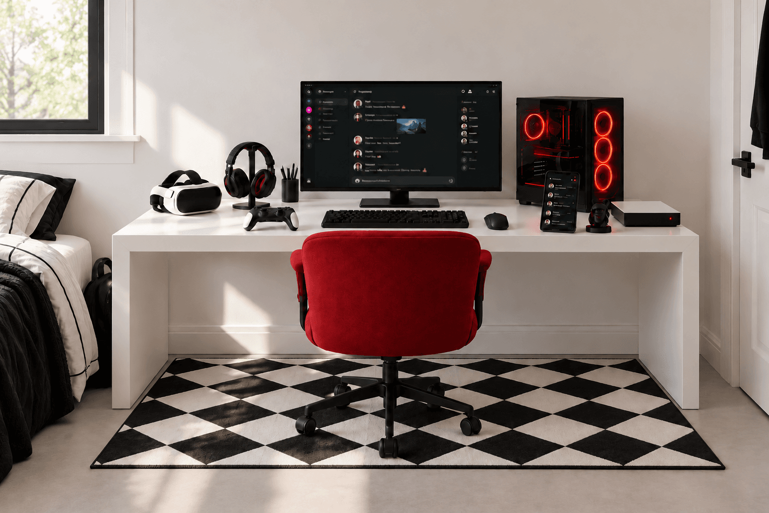 Teen gaming bedroom workstation with a computer, phone, virtual-reality headset, controller, headphones, and smart watch.
