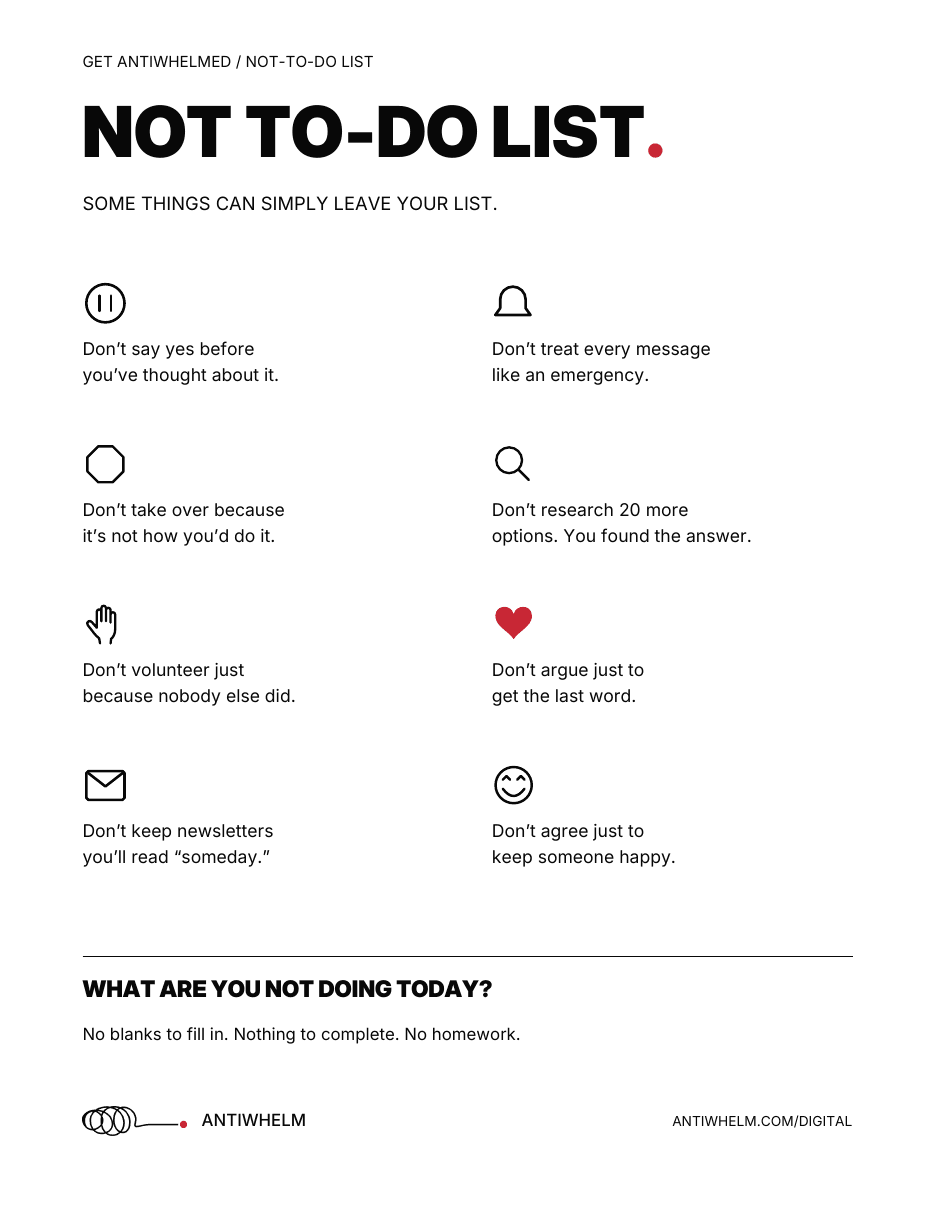 Preview of the Antiwhelm Not To-Do List printable