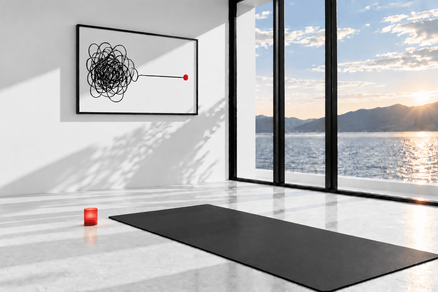 A black yoga mat and red candle in a sunlit room overlooking the water