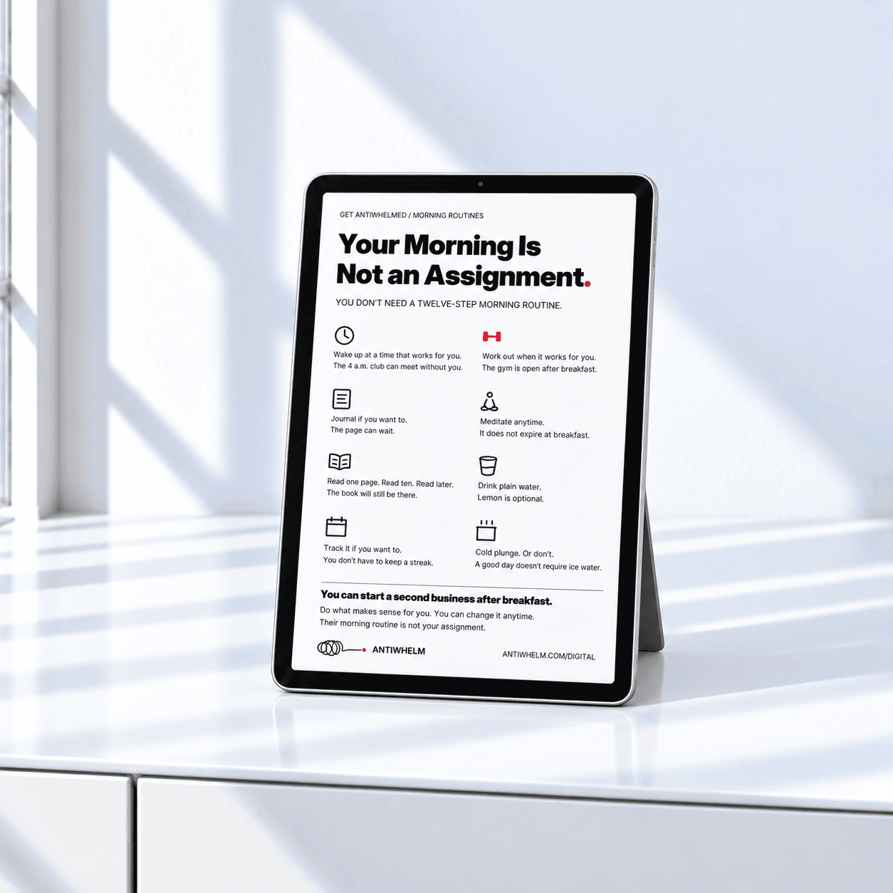 Your Morning Is Not an Assignment Antiwhelm printable displayed on a tablet