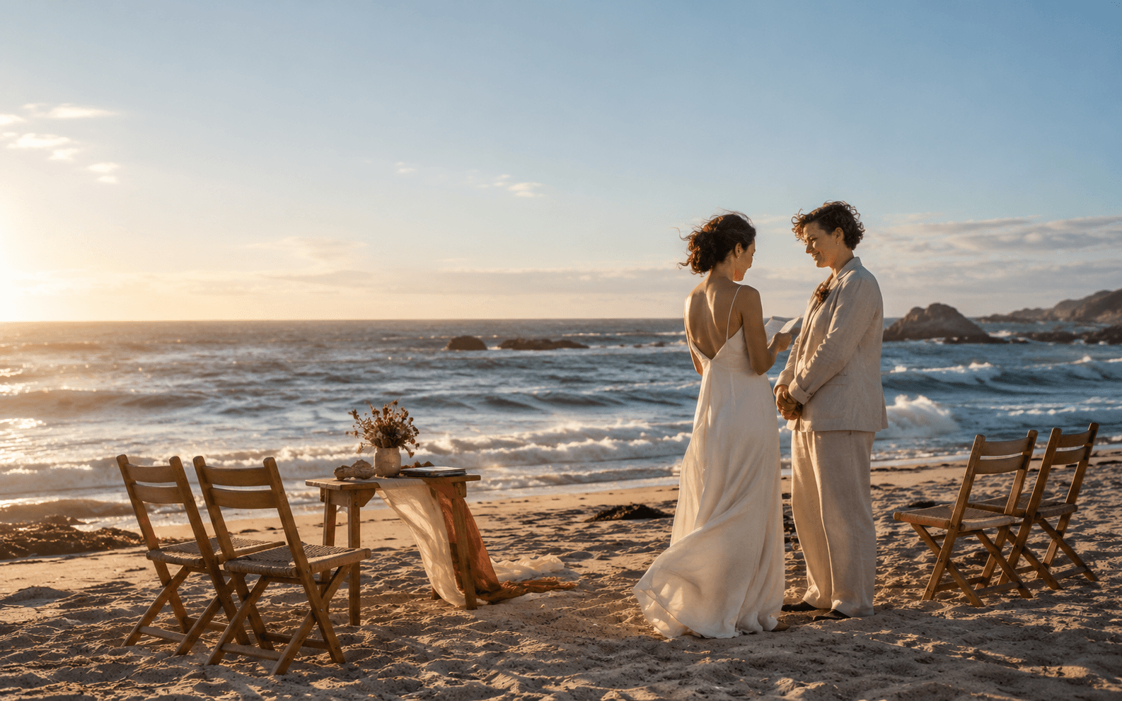 A small personal wedding by the ocean at sunset